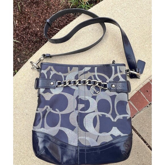 COACH Classic Signature Monogram 19820 Navy Silver Signature Chain Handbag Purse - Picture 1 of 10